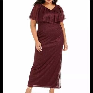 Women’s Formal Dress Plus Size 20W Maroon Shimmer Glitter Overlay Cape CONNECTED